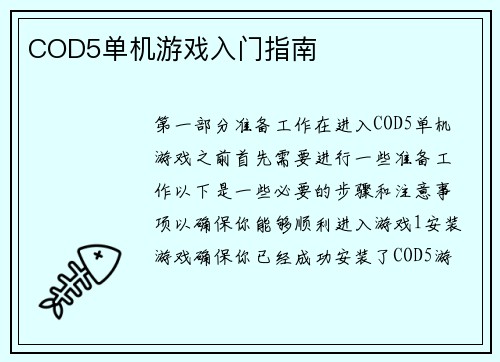 COD5单机游戏入门指南