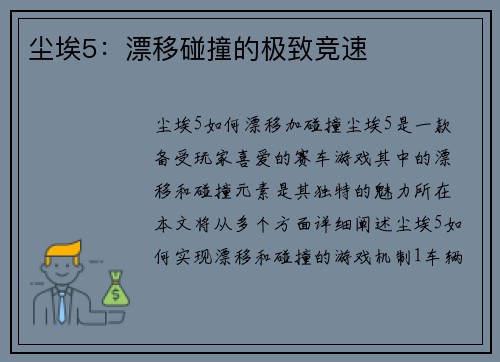 尘埃5：漂移碰撞的极致竞速